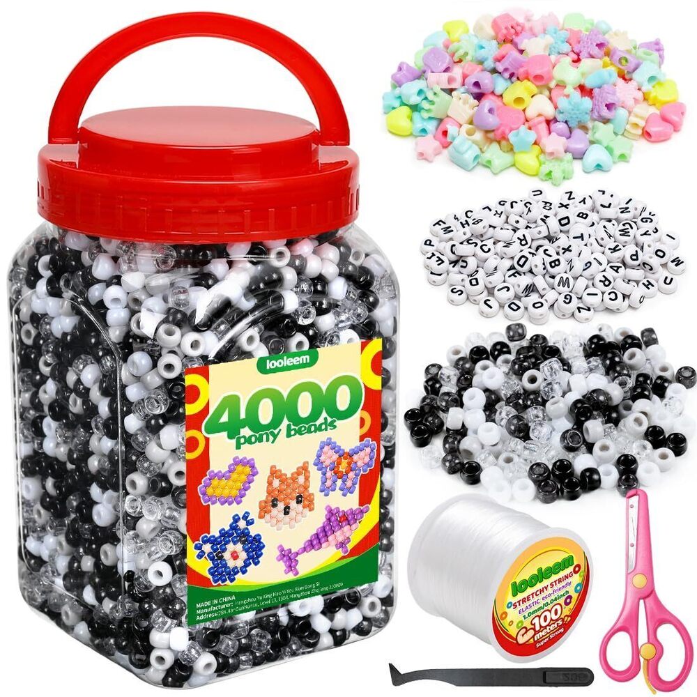 6452 Black White Solid & Glitter Bulk Pony Beads - 4000pc Kit
